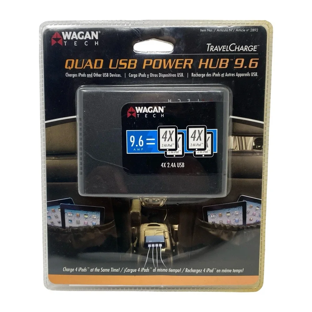 Wagan Tech TravelCharge Quad‎ USB Power Hub 9.6A 4-Port Car Charger Black 2892